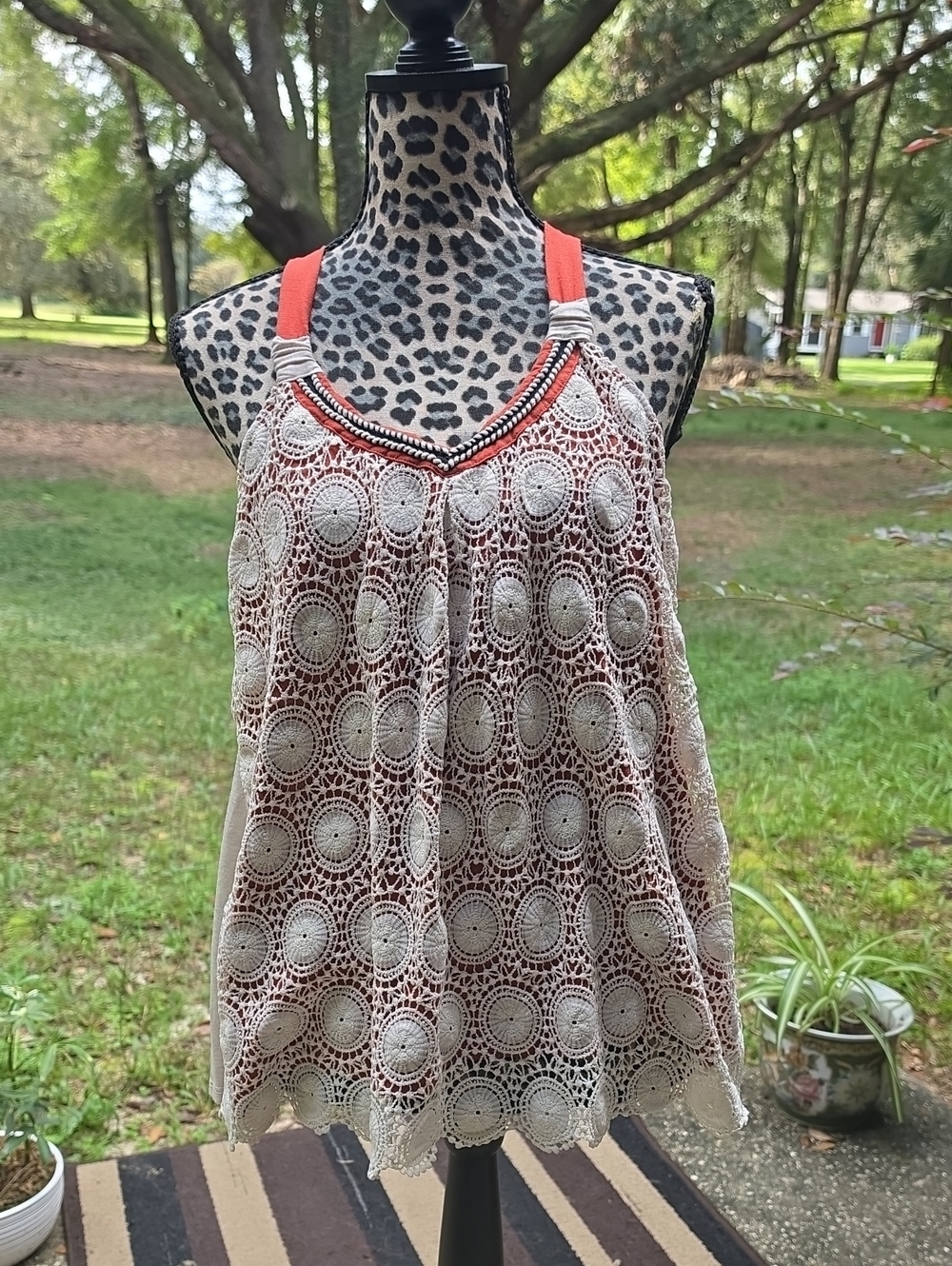 Jolt Cream Crochet Tank with Burnt Orange Straps
